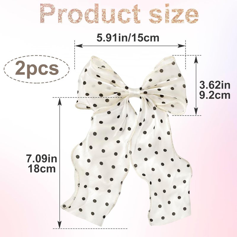 STSTR 2Pcs Large Hair Bow Clips, Silk Yarn Ribbon Bow Hair Barrette for Women, Elegant Long Tail Bowknot French Hair Accessories for Wedding, Parties, Festivals (White Bow Black Dots) - Image 2